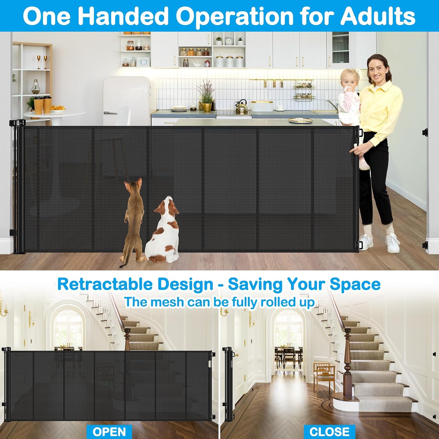 Reinforced 42 Tall X 120 Extra Wide Retractable Baby Gate Extra Long Baby Gates for Large Openings Prevent Kids and Pets from Jumping Over Retractable Pet Gate Reinforced Puppy Gates for Dogs, Black